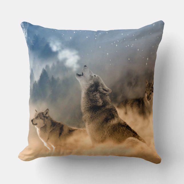 Beautiful Stars Foggy Cold Night Wolfs Howl Throw Pillow (Front)
