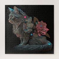 Beautiful steampunk cat with pink flowers jigsaw puzzle