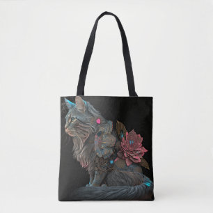 Beautiful steampunk cat with pink flowers tote bag