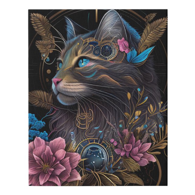 Beautiful steampunk Maine Coon with flowers AI art Faux Canvas Print (Front)