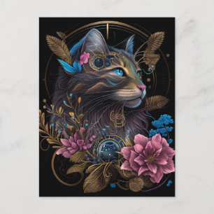 Beautiful steampunk Maine Coon with flowers AI art Postcard