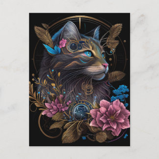 Beautiful steampunk Maine Coon with flowers AI art Postcard