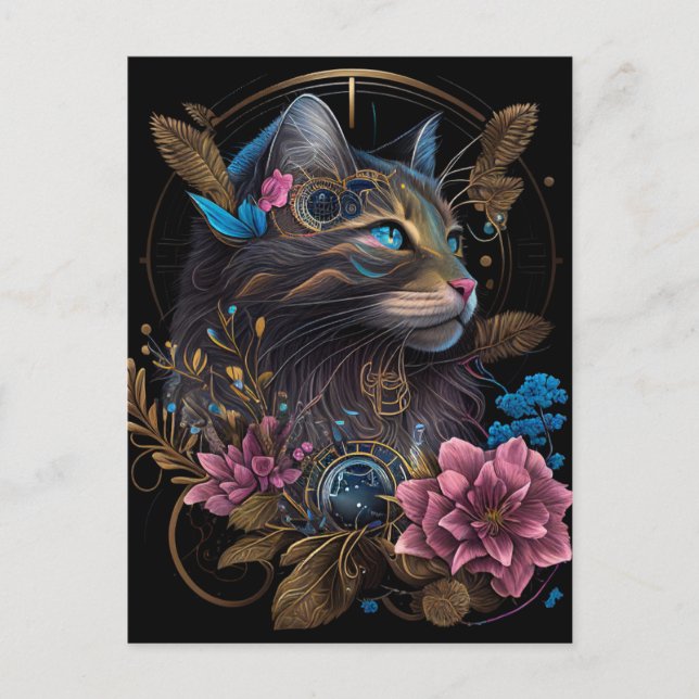 Beautiful steampunk Maine Coon with flowers AI art Postcard (Front)