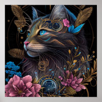Beautiful steampunk Maine Coon with flowers AI art Poster