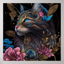 Beautiful steampunk Maine Coon with flowers AI art
