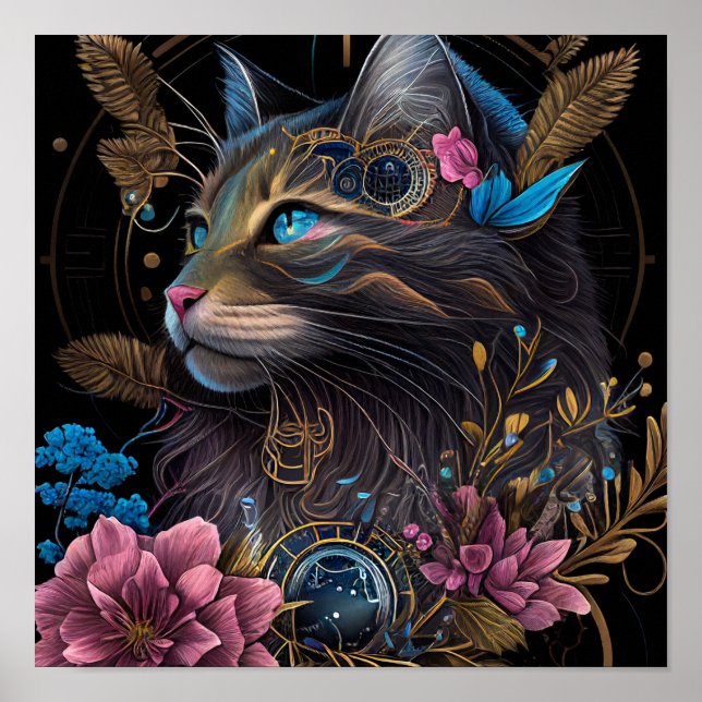 Beautiful steampunk Maine Coon with flowers AI art Poster (Front)