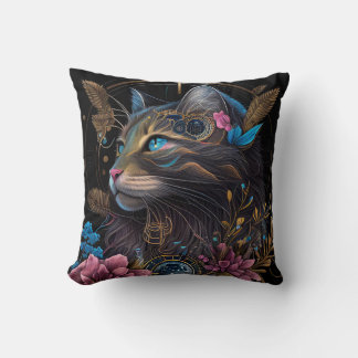 Beautiful steampunk Maine Coon with flowers AI art Throw Pillow