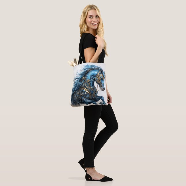 Beautiful Steampunk Stallion Blue Black Tote Bag (On Model)