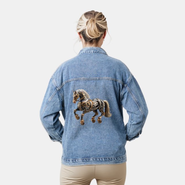 Beautiful Steampunk Stallion Gold Black Denim Jacket (Model)