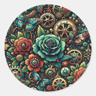 Beautiful Steampunk Themed Gears and Roses Classic Round Sticker