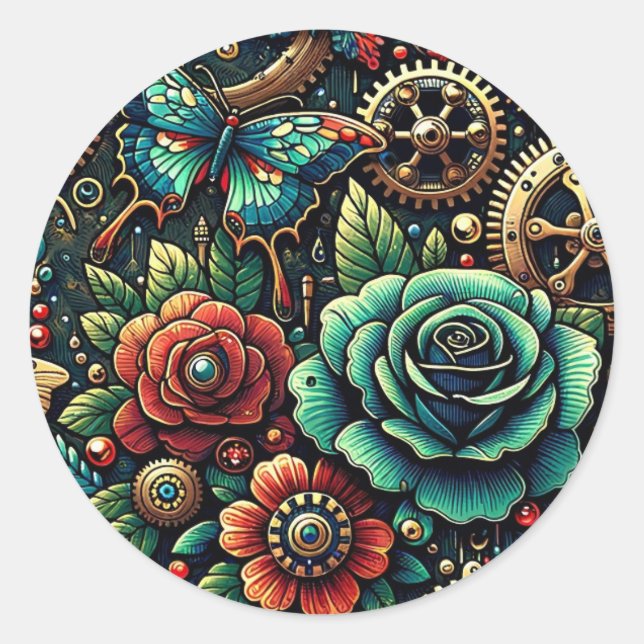 Beautiful Steampunk Themed Gears and Roses   Classic Round Sticker (Front)