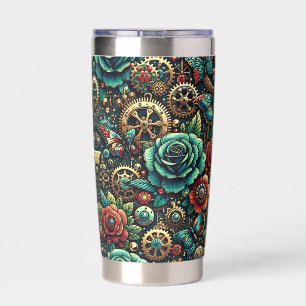Beautiful Steampunk Themed Gears and Roses Insulated Tumbler