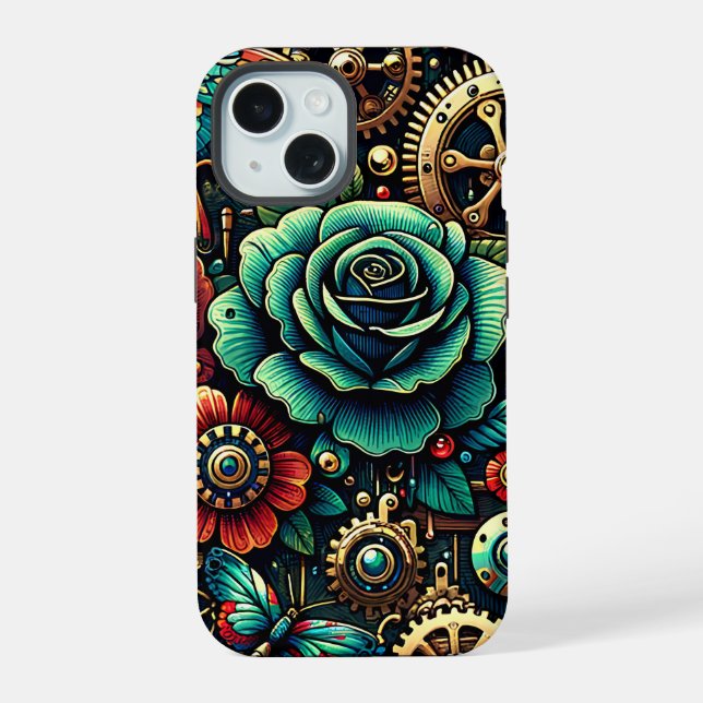 Beautiful Steampunk Themed Gears and Roses iPhone 15 Case (Back)