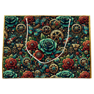 Beautiful Steampunk Themed Gears and Roses Large Gift Bag