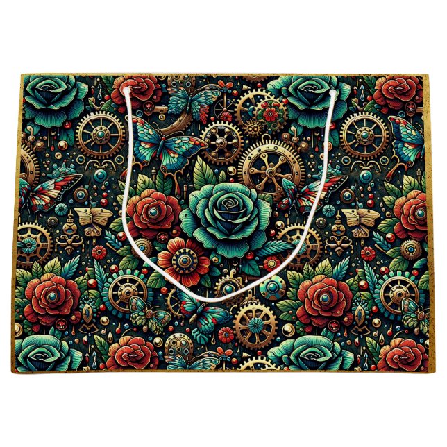Beautiful Steampunk Themed Gears and Roses  Large Gift Bag (Front)