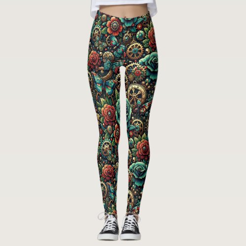 Beautiful Steampunk Themed Gears and Roses Leggings