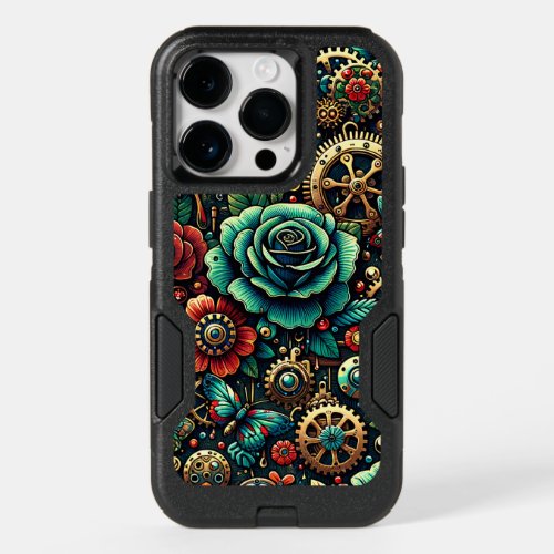 Beautiful Steampunk Themed Gears and Roses OtterBox iPhone 14 Pro Case