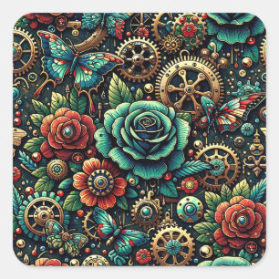 Beautiful Steampunk Themed Gears and Roses Square Sticker