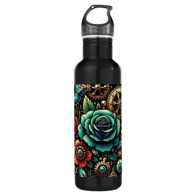 Beautiful Steampunk Themed Gears and Roses Stainless Steel Water Bottle (Front)