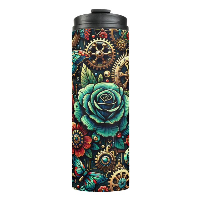 Beautiful Steampunk Themed Gears and Roses Thermal Tumbler (Front)