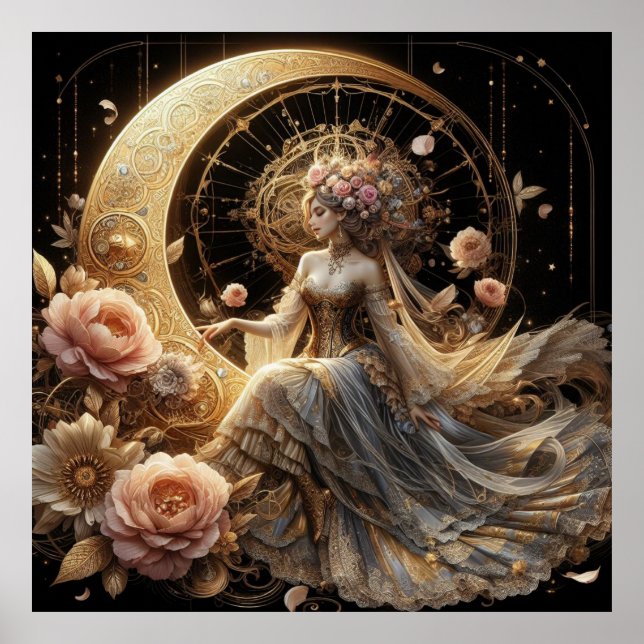 Beautiful Steampunk Woman on the Moon Poster (Front)