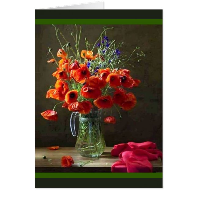Beautiful Still Life Pitcher of Red Flowers Cards (Front)