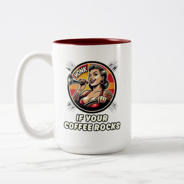 Beautiful strong women drinking coffee  Two-Tone coffee mug (Left)