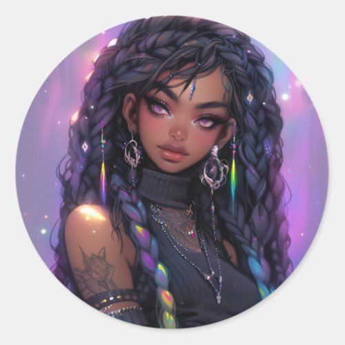 Beautiful Stylish Braided Hair Anime Girl Classic Round Sticker