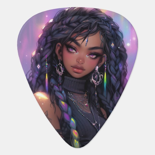 Beautiful Stylish Braided Hair Anime Girl Guitar Pick (Front)