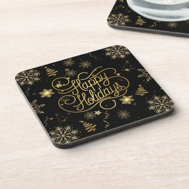 Beautiful Stylish Gold and Black Happy Holidays Beverage Coaster (Left Side)