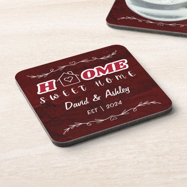 Beautiful Stylish Red Custom Couple Names Home Beverage Coaster (Left Side)