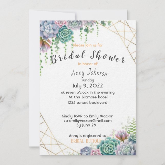 Beautiful Succulent  Bridal Shower Invitation (Front)