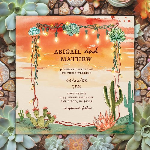Beautiful Succulent Cactus Sunset Boho Wedding Invitation