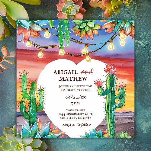 Beautiful Succulent Cactus Sunset Heart Wedding Invitation