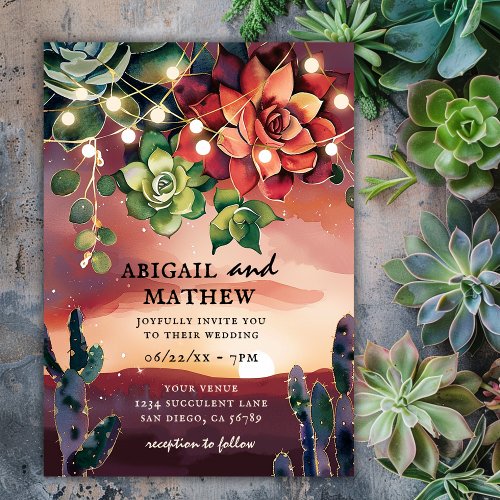 Beautiful Succulent Cactus Sunset Wedding Invitation