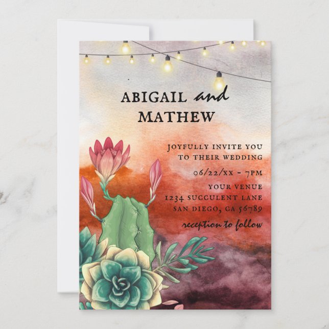 Beautiful Succulent Sunset Burnt Orange Wedding Invitation (Front)