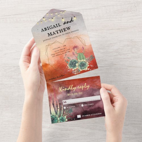 Beautiful Succulent Sunset Heart Geometric Wedding All In One Invitation