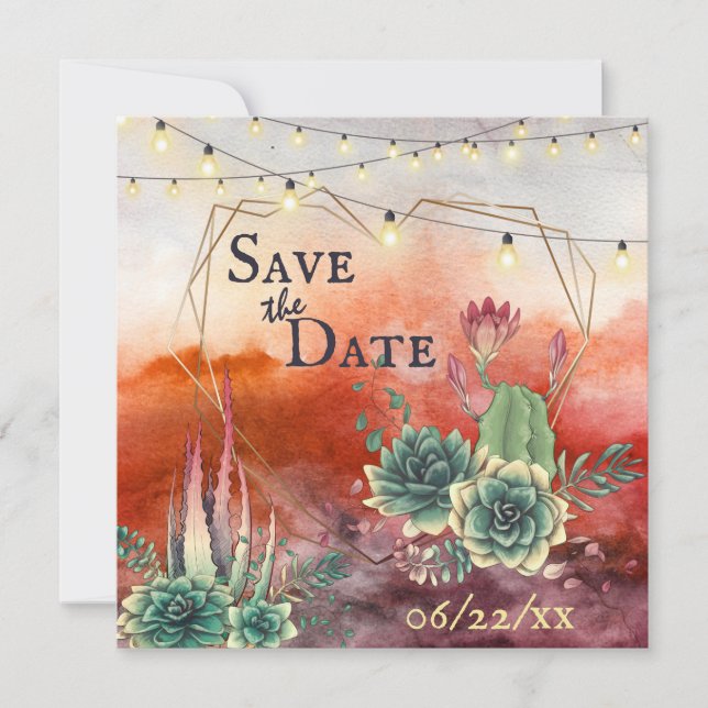 Beautiful Succulent Sunset Heart Geometric Wedding Save The Date (Front)