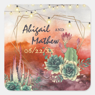 Beautiful Succulent Sunset Heart Geometric Wedding Square Sticker