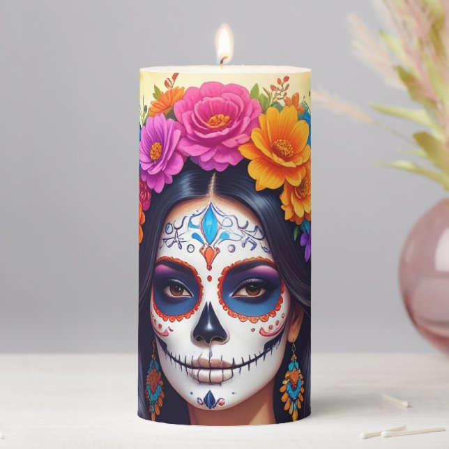 Beautiful Sugar Skull Pillar Candle (In Situ)