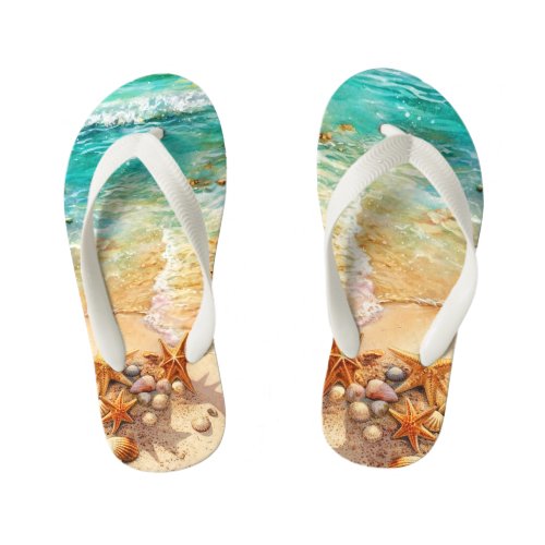Beautiful Summer Beach Shells Turquoise Water Kids Flip Flops