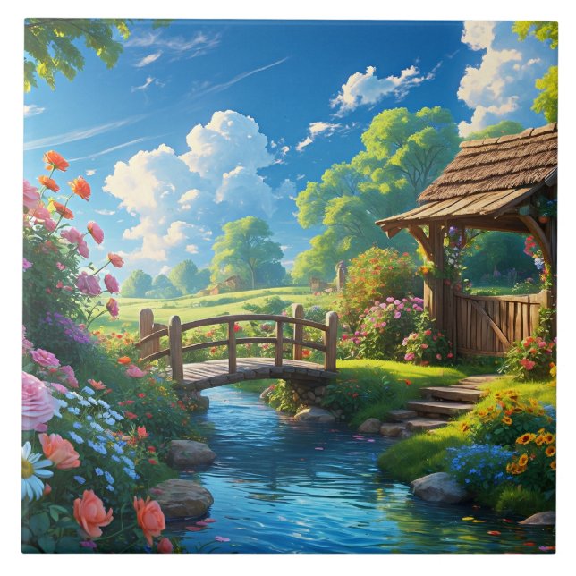 Beautiful Summer, colorful illustration, Ceramic Tile (Front)