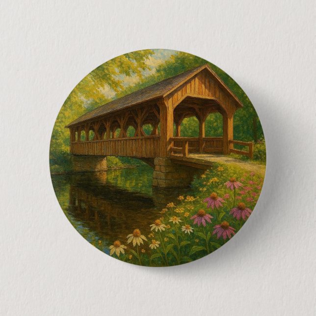 Beautiful summer covered bridge art button (Front)
