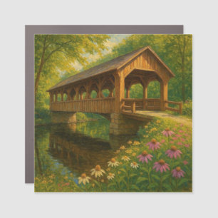 Beautiful summer covered bridge art car magnet
