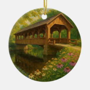 Beautiful summer covered bridge art ceramic ornament