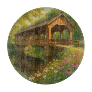 Beautiful summer covered bridge art cutting board