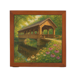 Beautiful summer covered bridge art desk organizer
