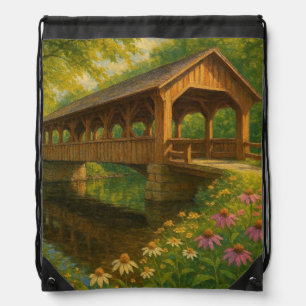 Beautiful summer covered bridge art drawstring bag