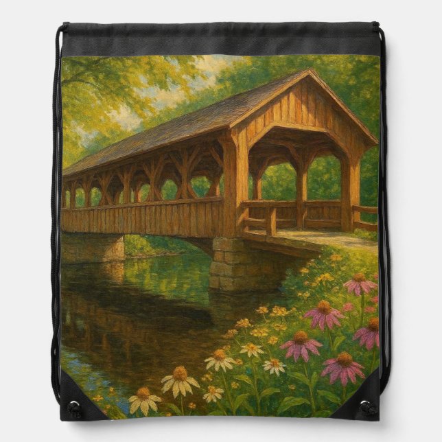 Beautiful summer covered bridge art drawstring bag (Front)