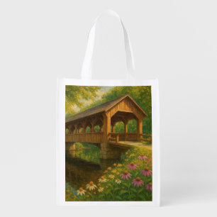 Beautiful summer covered bridge art grocery bag